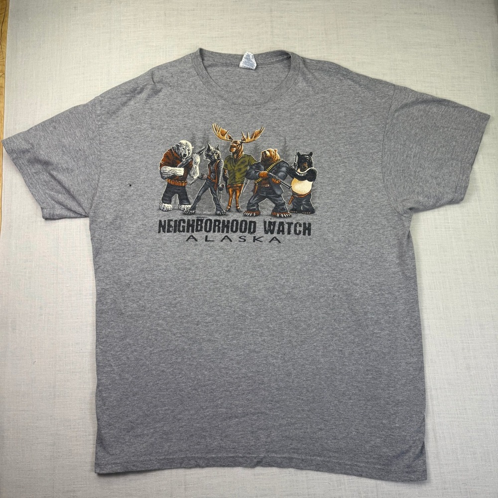 VTG Neighborhood Watch Alaska Wildlife T-Shirt Mens 2XL Grey S/S Y2K Funny Delta
